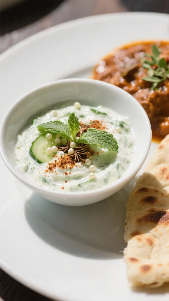 Final plated dish: Restaurant-quality presentation of cucumber raita served in a small white coupe b