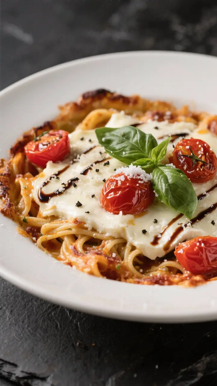 Final plated dish: Restaurant-quality presentation of a serving of Caprese Pasta Bake in a shallow w