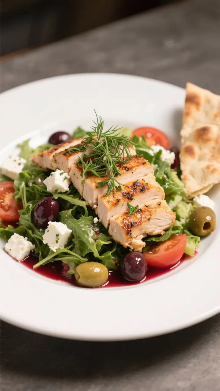 Final plated dish, restaurant-quality presentation: Beautifully plated Greek Salad with Grilled Chic