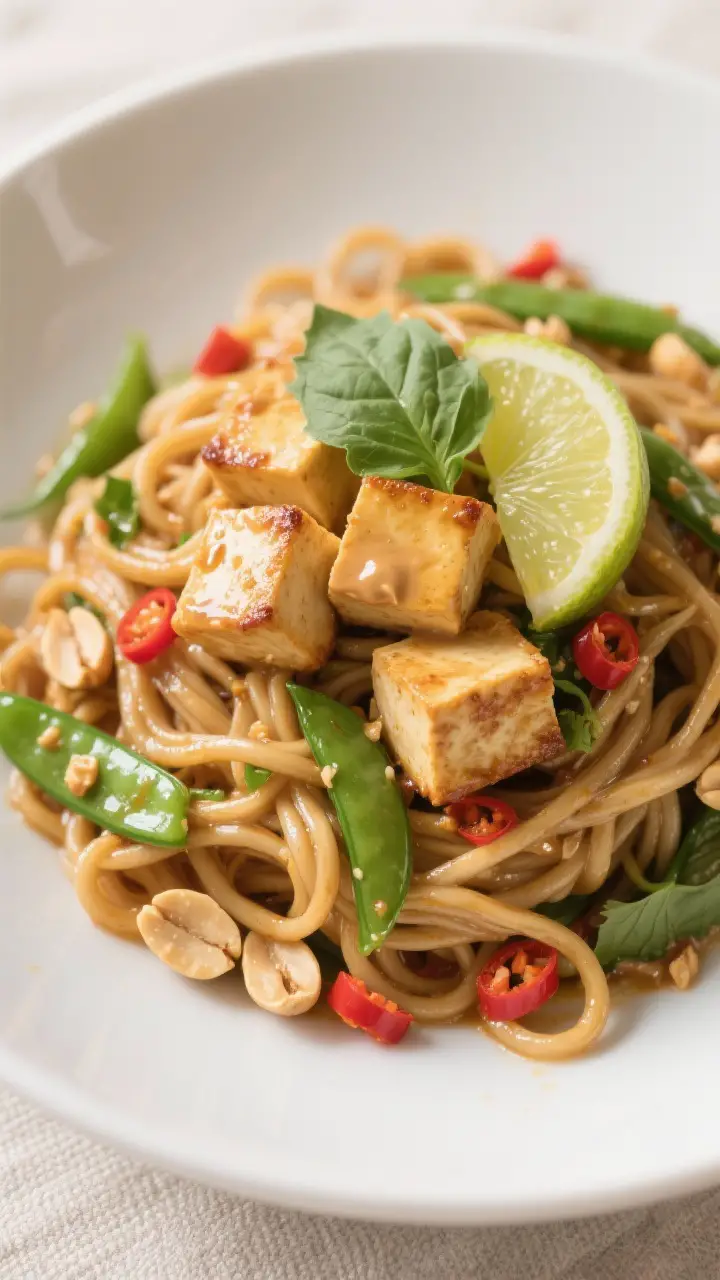 Final plated dish: Restaurant-quality presentation of chilled Thai Peanut Noodle Salad with seared g