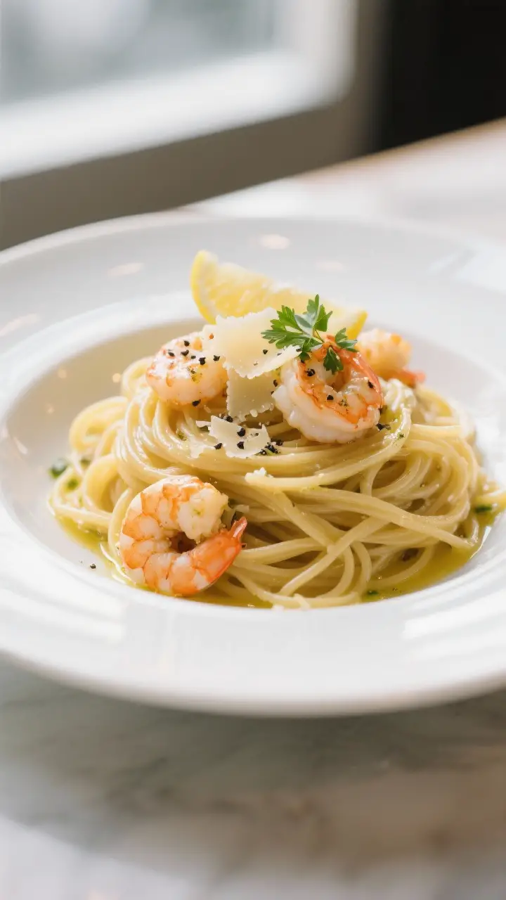 Final plated dish, restaurant-quality presentation: Garlic Butter Shrimp Linguine twirled high in a 