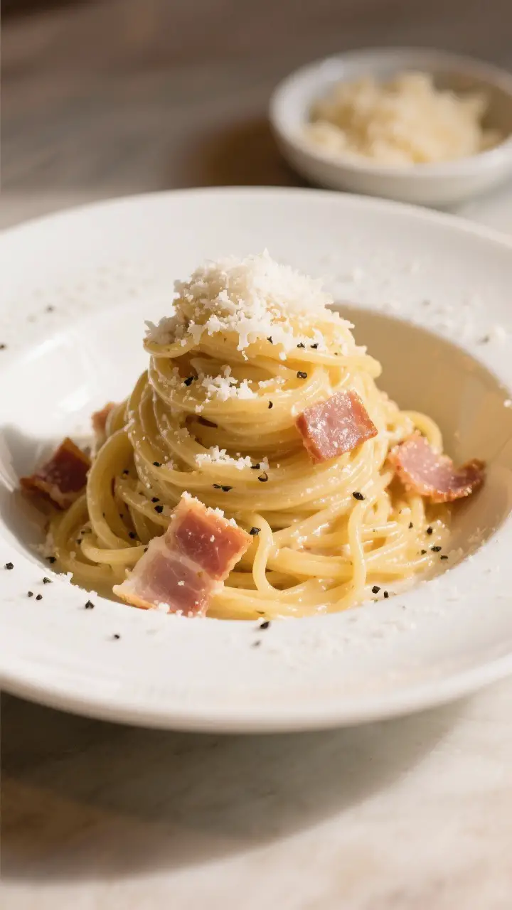 Final plated dish: Restaurant-quality presentation of spaghetti carbonara twirled into a tall nest i