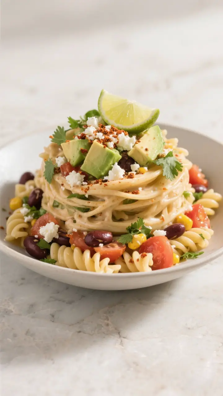Final plated dish: Restaurant-quality presentation of a single-serve bowl of Southwest Pasta Salad, 