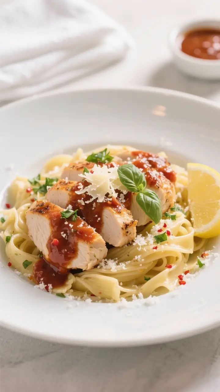 Final plated dish: Restaurant-quality presentation of sliced chicken breast cutlets spooned with ric