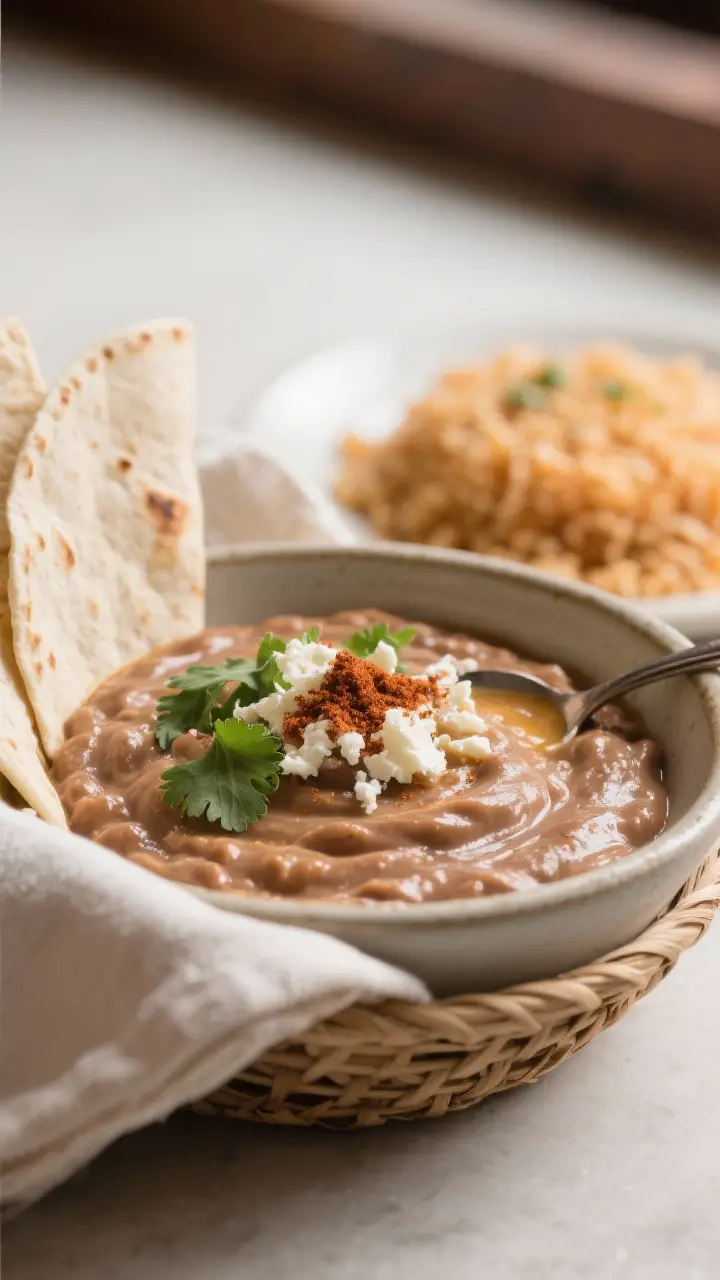 Final plated dish, restaurant-quality: Refried beans plated in a low, wide ceramic bowl, ultra-cream