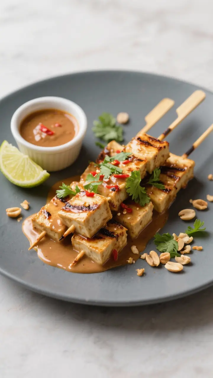 Final plated dish: Restaurant-style plate of tofu satay skewers brushed with thick peanut sauce, ser