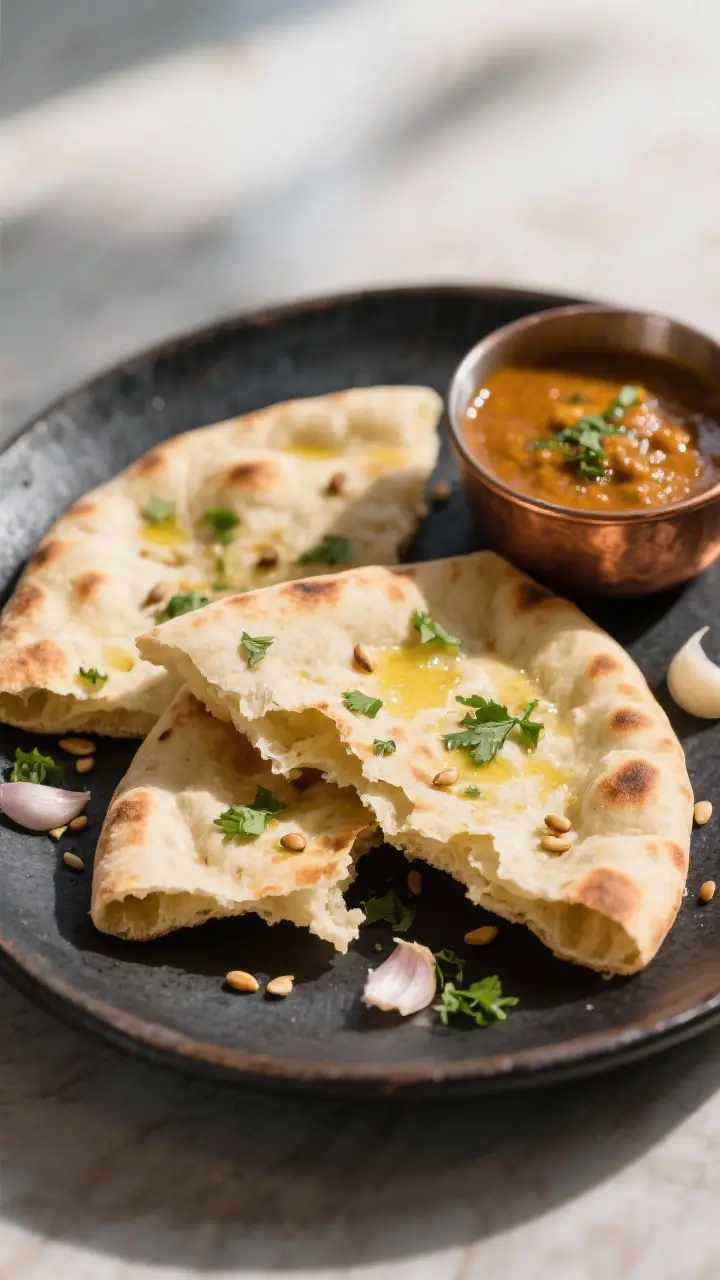 Final plated dish: Restaurant-style presentation of two garlic naans folded and arranged on a dark c