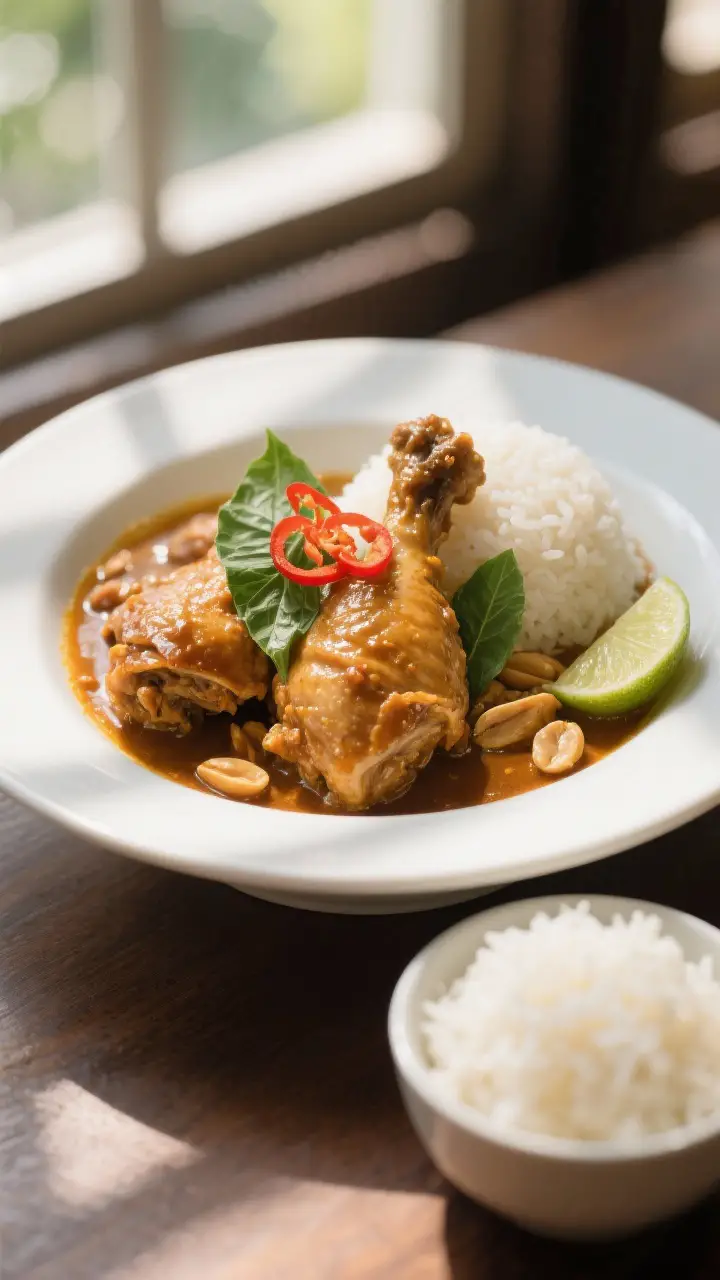 Final plated dish: Rich, dry Panang curry with chicken thighs, sauce lacquered and clinging to the m