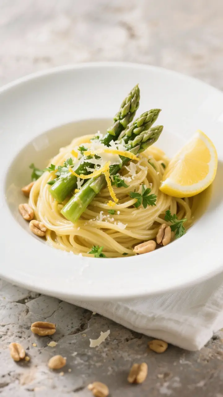 Final plated dish shot: Restaurant-quality presentation of Lemon Asparagus Pasta in a wide white pas
