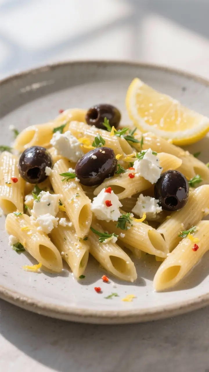 Final plated dish, styled: Beautifully plated Greek Pasta with Olives and Feta on a shallow matte st