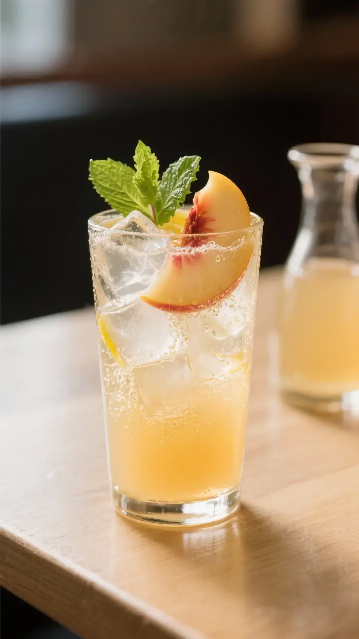 Final plated drink glamour shot: a beautifully presented Ginger Peach Fizz in a tall Collins glass, 