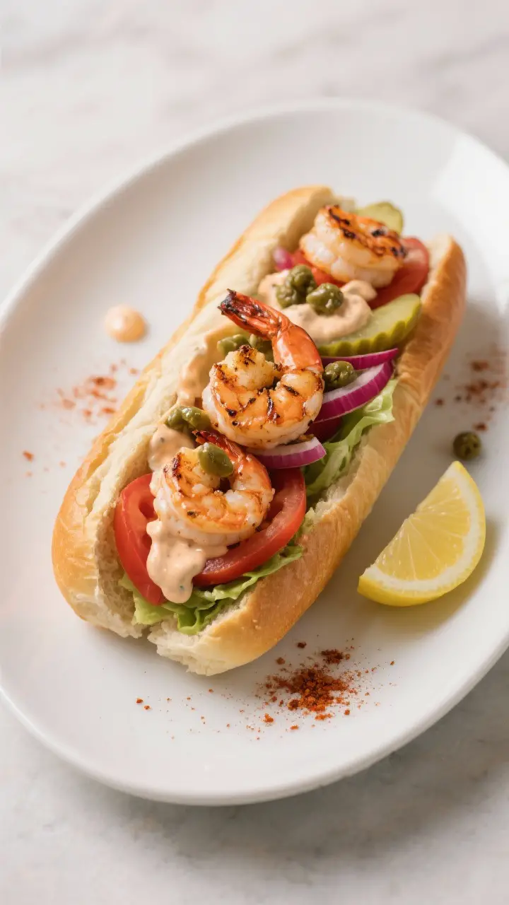 Final plated hero: Beautifully plated Spicy Shrimp Po’ Boy on a matte white oval plate, cut on a b