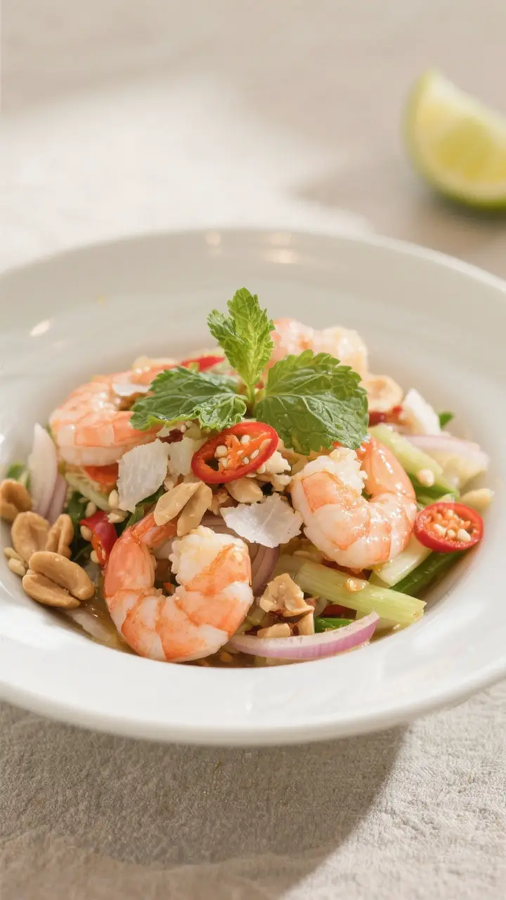 Final plated hero shot: Beautifully plated Yum Som O (Thai pomelo salad with shrimp) in a shallow wh
