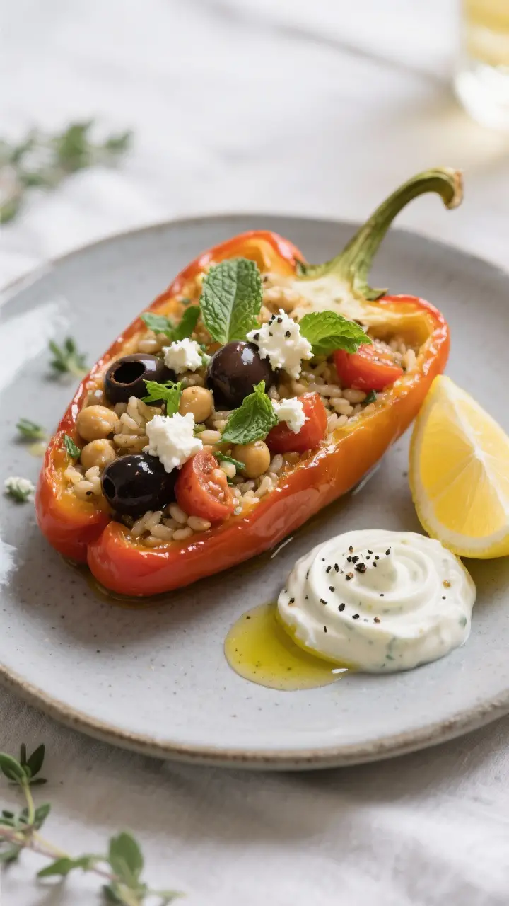 Final plated hero shot: One halved stuffed pepper plated on a matte stoneware plate, neatly packed g