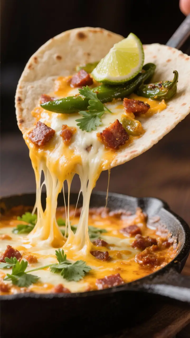 Final plated, indulgent close-up: A tortilla scoop lifted just above the skillet, showing dramatic c