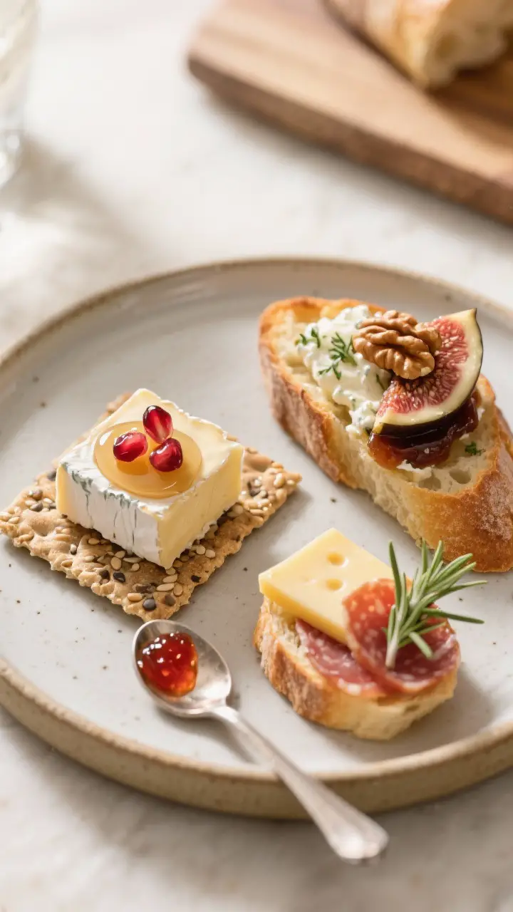 Final plated mini-setup showing a perfect bite composition on a small ceramic plate: seeded cracker 
