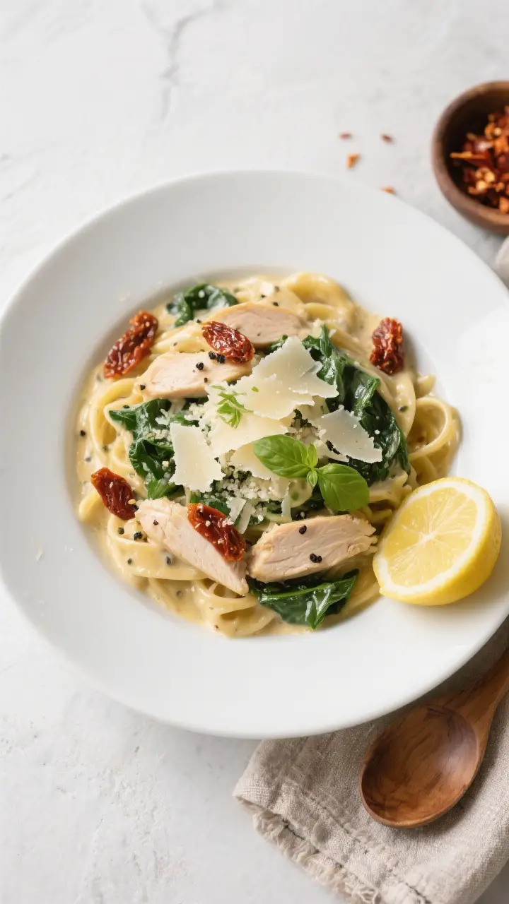 Final plated overhead: Creamy Tuscan chicken pasta beautifully plated in a wide, shallow white bowl;