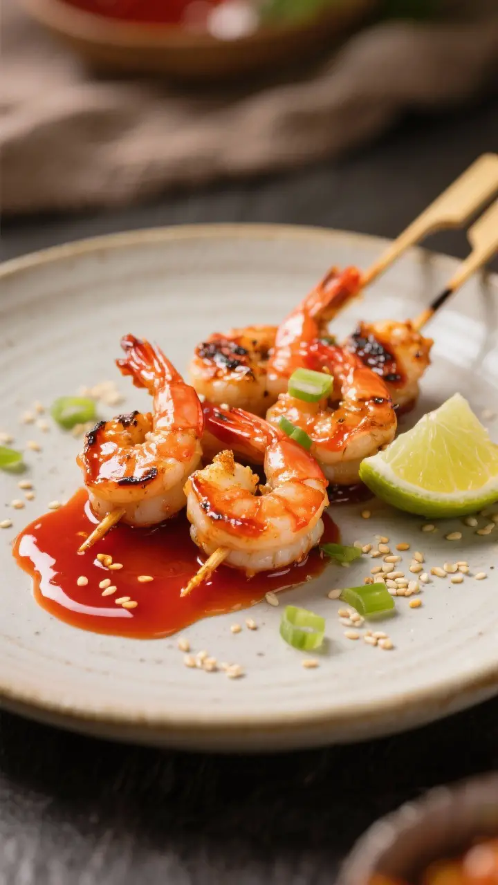Final plated presentation: Elegant drizzle-and-glaze scene of grilled shrimp skewers brushed with th