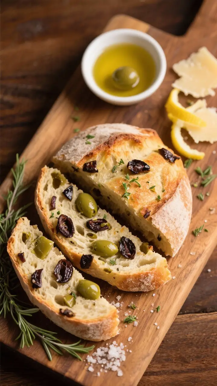 Final plated presentation: Overhead shot of a sliced olive and thyme sourdough on a wooden board, sh
