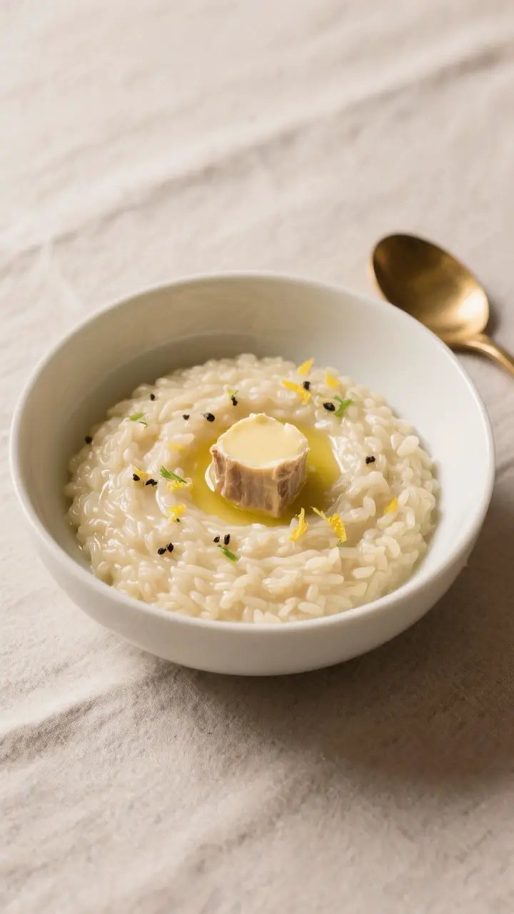 Final plated presentation: Restaurant-quality bowl of Risotto alla Milanese served all’onda in a w