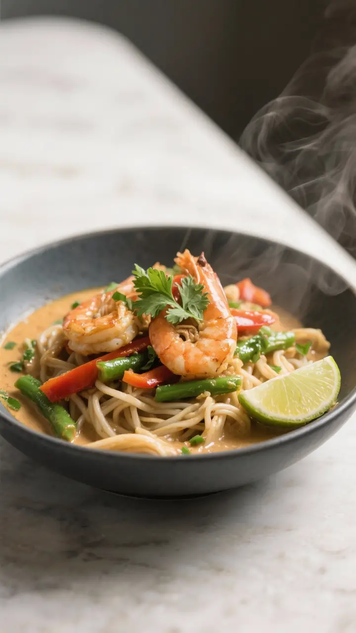 Final plated presentation: Restaurant-quality bowl of Thai Coconut Curry Shrimp tossed with wide ric