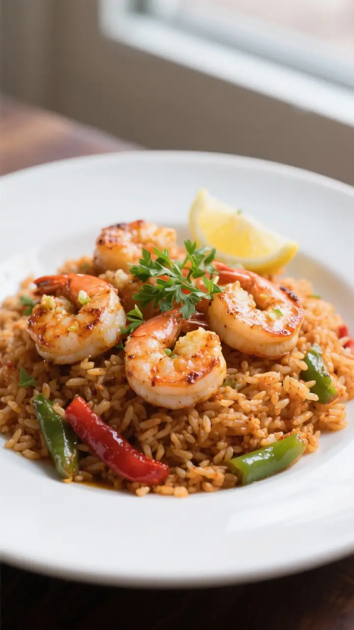 Final plated presentation: Restaurant-quality plate of Cajun Shrimp and Rice, mound of tender spiced