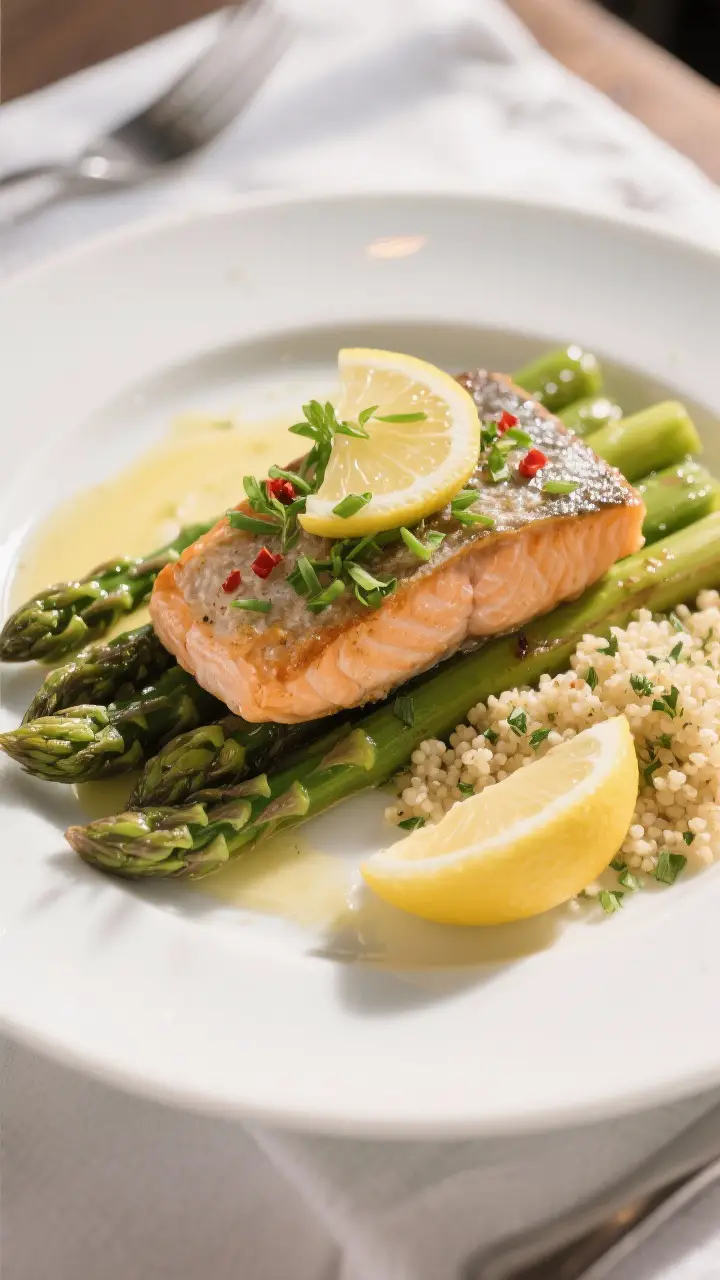 Final plated presentation: Restaurant-quality plating of one salmon fillet over a bed of asparagus,