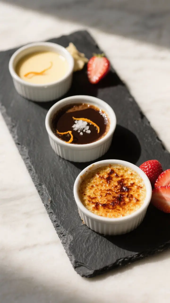 Final plated presentation: Restaurant-quality plated trio of crème brûlées—one classic vanilla 