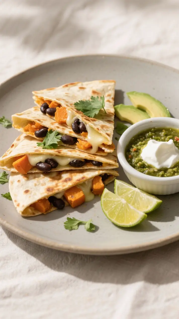 Final plated presentation: Restaurant-quality plate of cut-into-wedges quesadillas stacked slightly