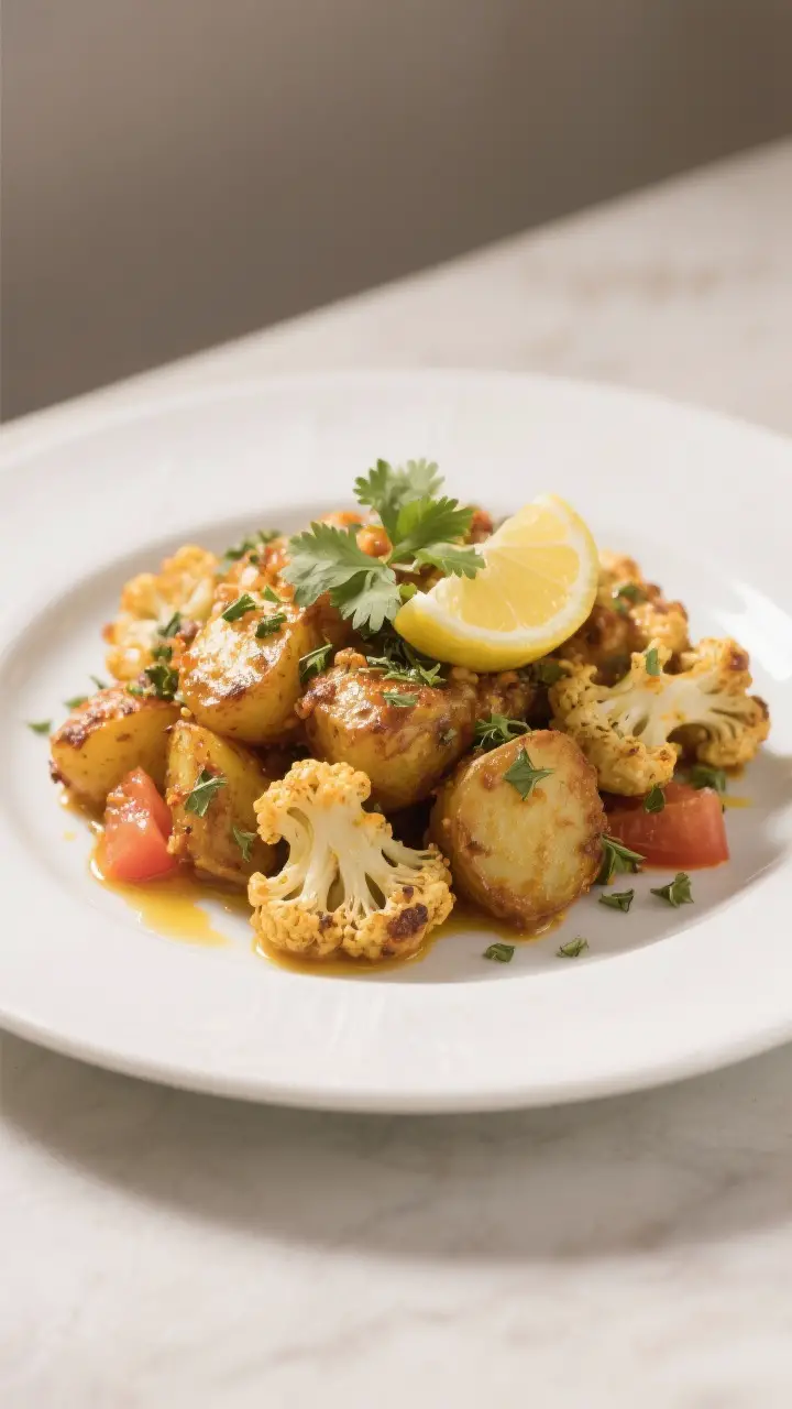 Final plated presentation: Restaurant-quality single serving of Aloo Gobi neatly mounded on a white 