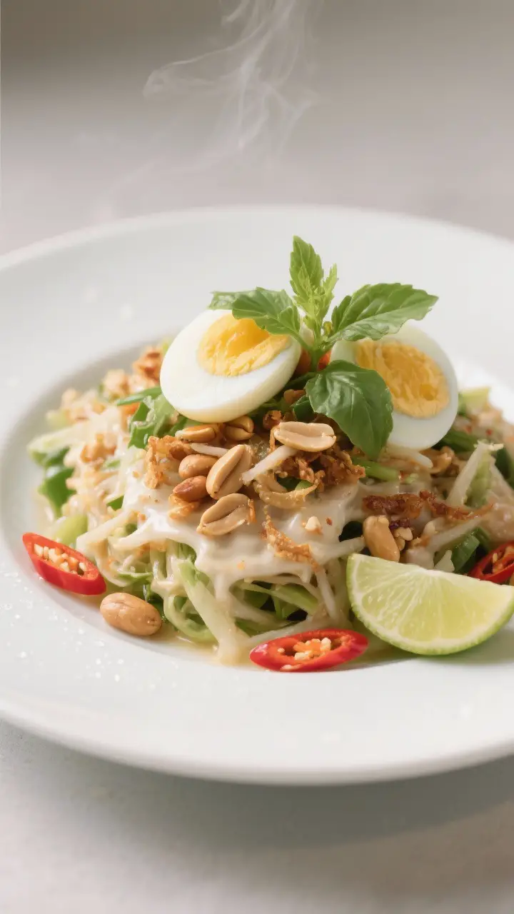 Final plated presentation: Restaurant-quality Yum Tua Plu arranged on a wide white plate—mounded s