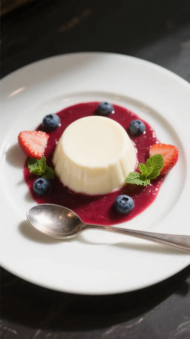 Final plated presentation: Unmolded panna cotta centered on a matte white plate, surrounded by a nea