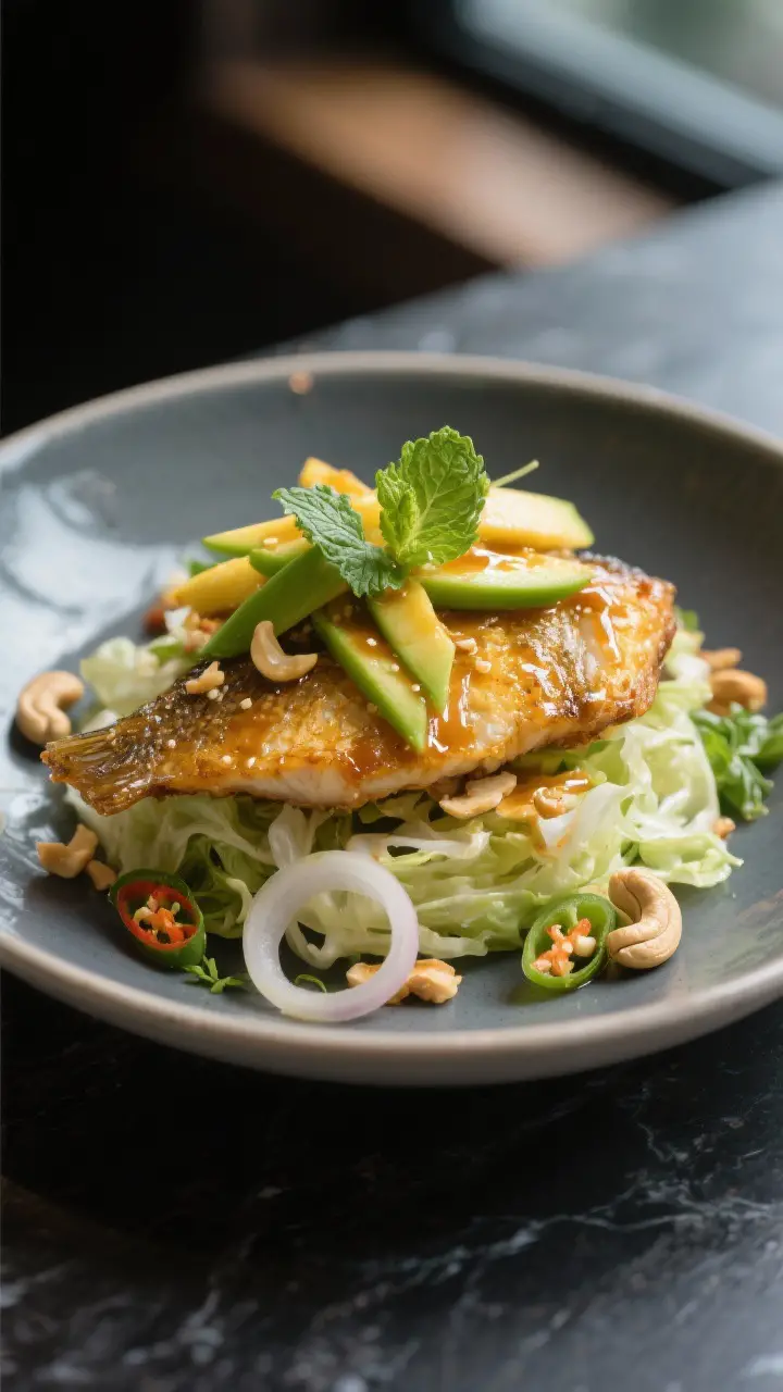 Final plated restaurant-style presentation: Elegant shallow bowl with a bed of crisp cabbage, lofty