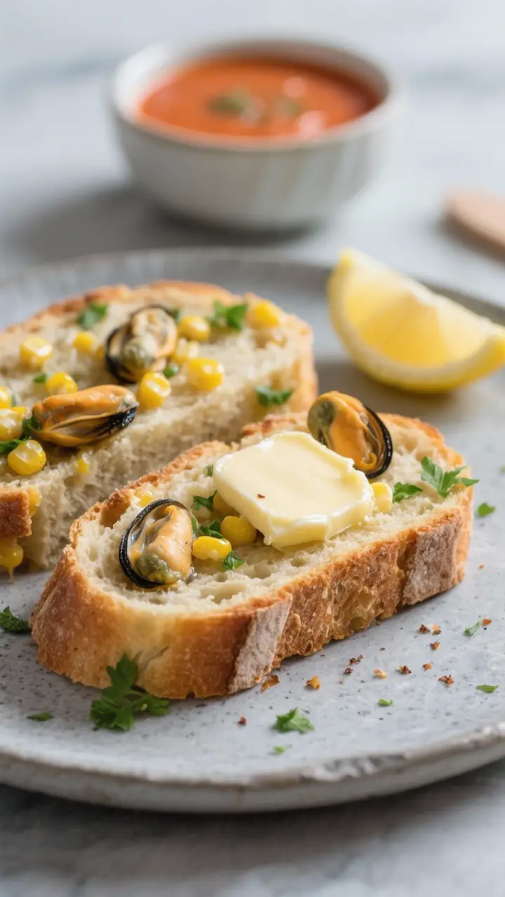 Final plated slice, close-up: Beautifully plated slices of mussel and mielie bread on a matte stone 