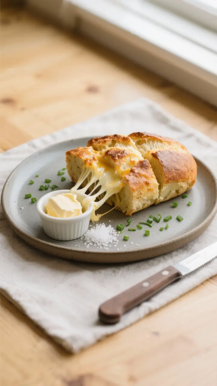 Final plated slice-pull scene: overhead/three-quarter hybrid angle of the finished Potato Cheese Bre