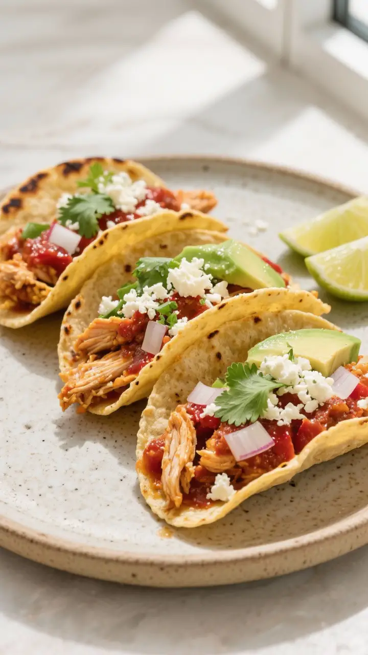 Final plated tacos beauty shot: Three Chicken Tinga tacos arranged on a stoneware plate, warm charre