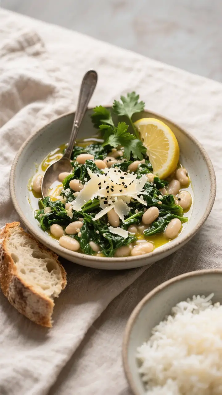 Final plated, top-down comfort bowl: Overhead shot of the White Bean and Kale Skillet spooned into a