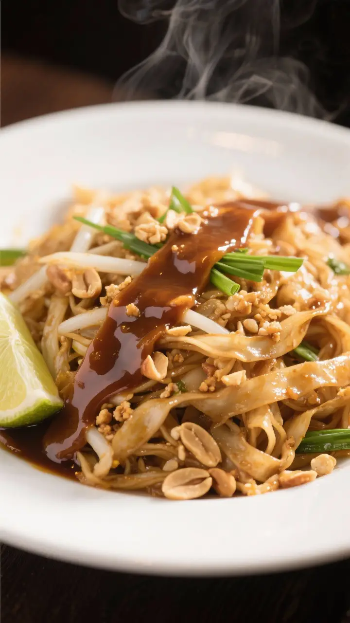 Final presentation application: Restaurant-quality plate of pad thai finished with a ribbon of homem