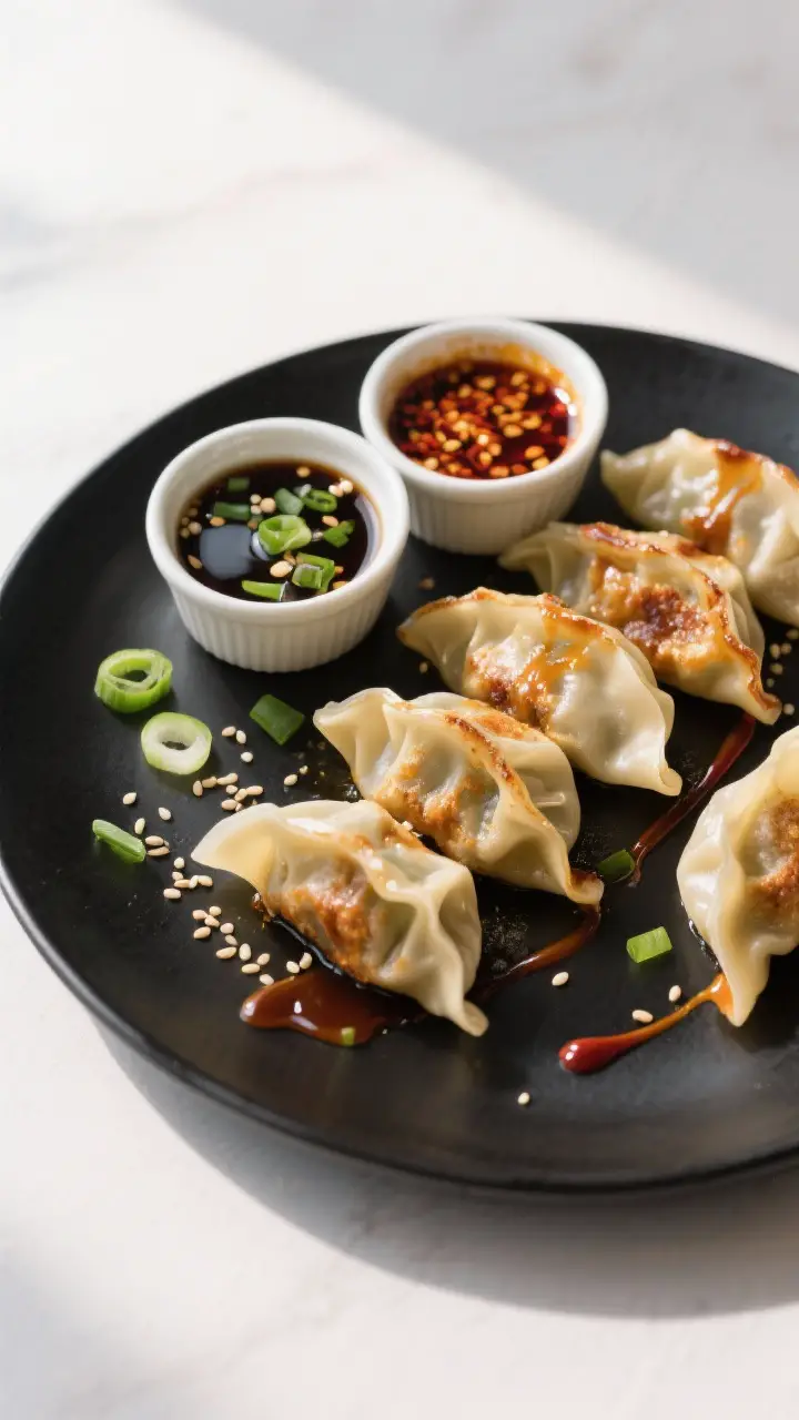 Final presentation: Beautifully plated serving of hot gyoza on a matte black plate with the sauce po