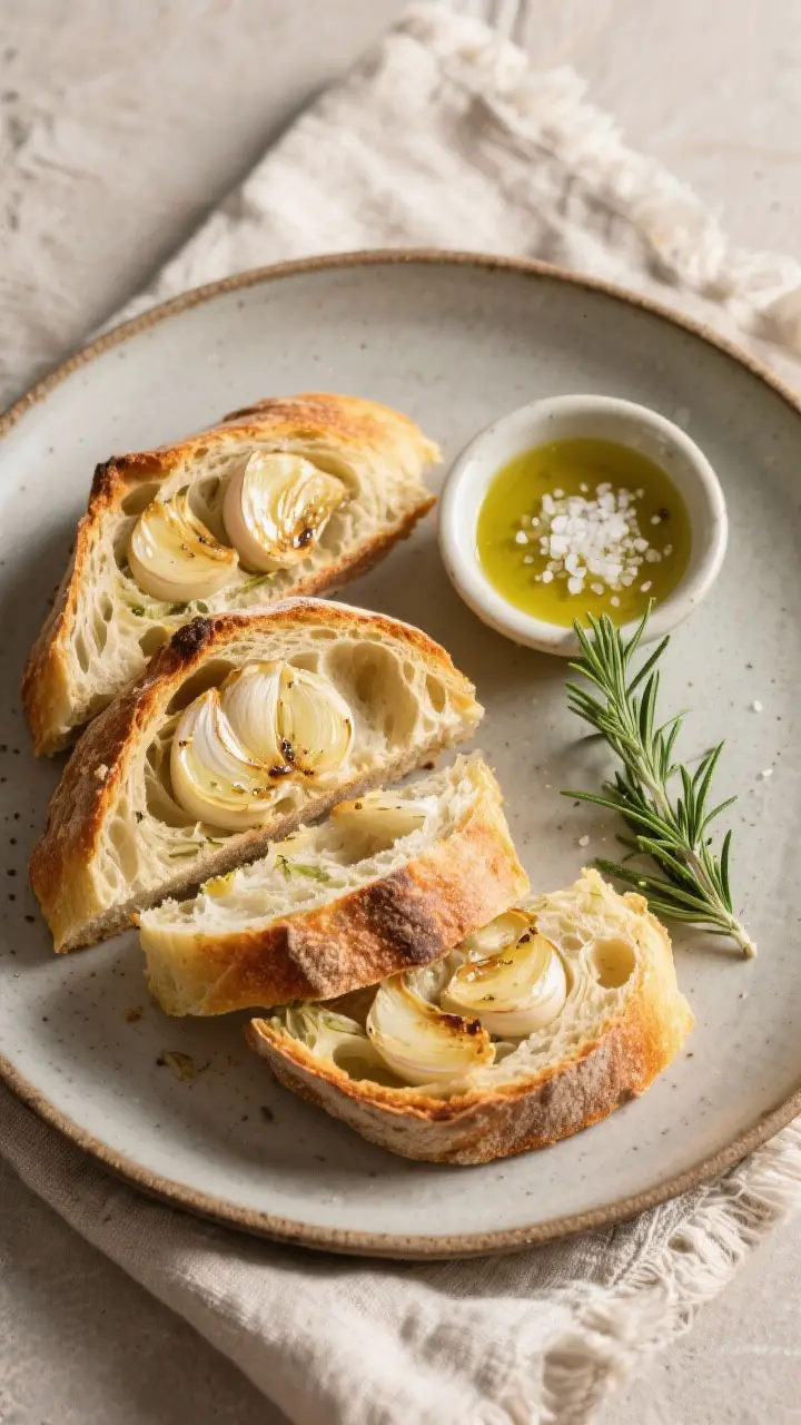 Final presentation: Beautifully plated slices of the roasted garlic and rosemary sourdough with an o
