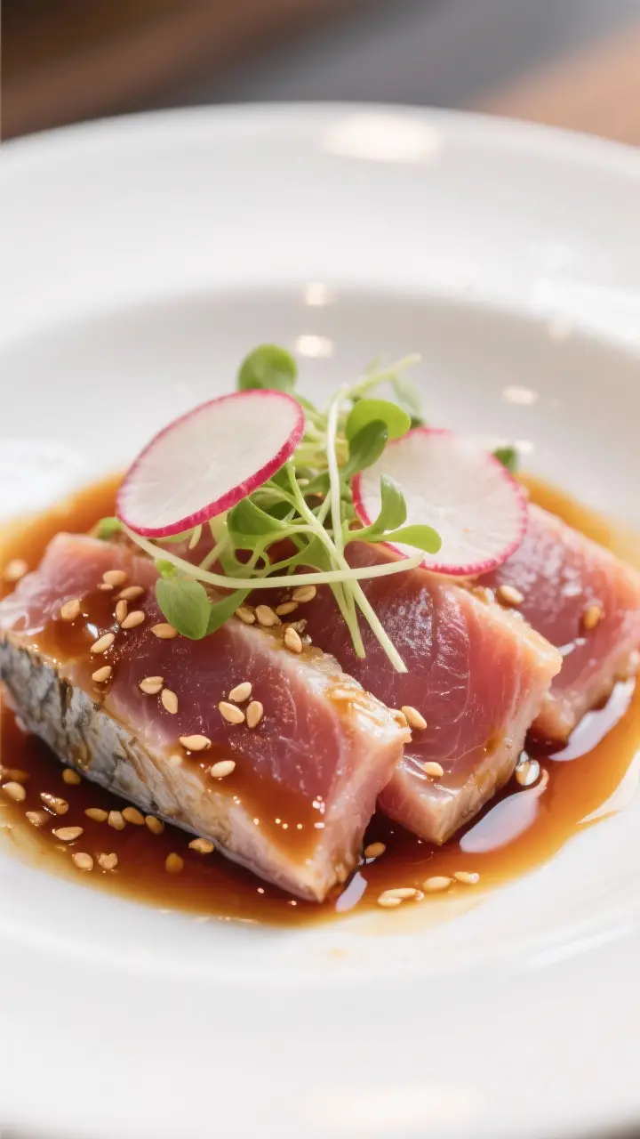 Final presentation close-up: Sliced tuna sashimi lightly glossed with ponzu, microgreens and thinly