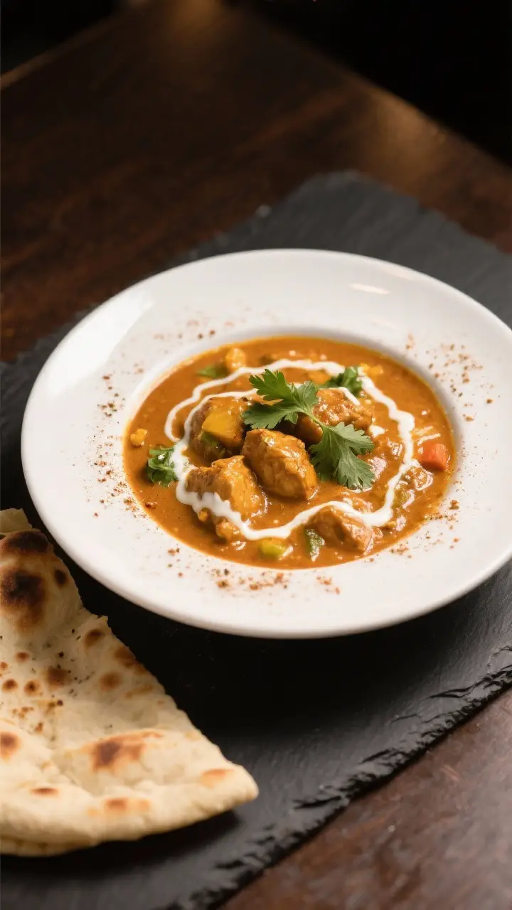 Final presentation finishing shot: A beautifully plated butter chicken (or veg curry) in a shallow w