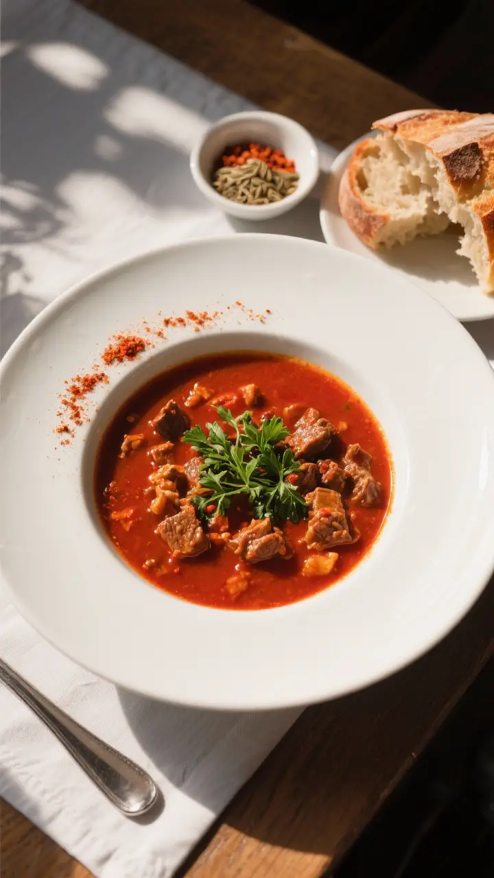 Final presentation: Restaurant-quality plated scene of Hungarian goulash soup served in a broad whit