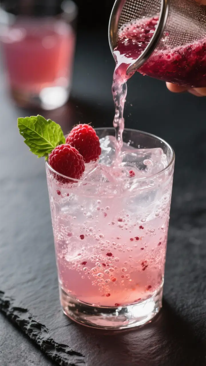 Final presentation: Restaurant-quality pour scene of the strained berry-basil mixture over ice with 