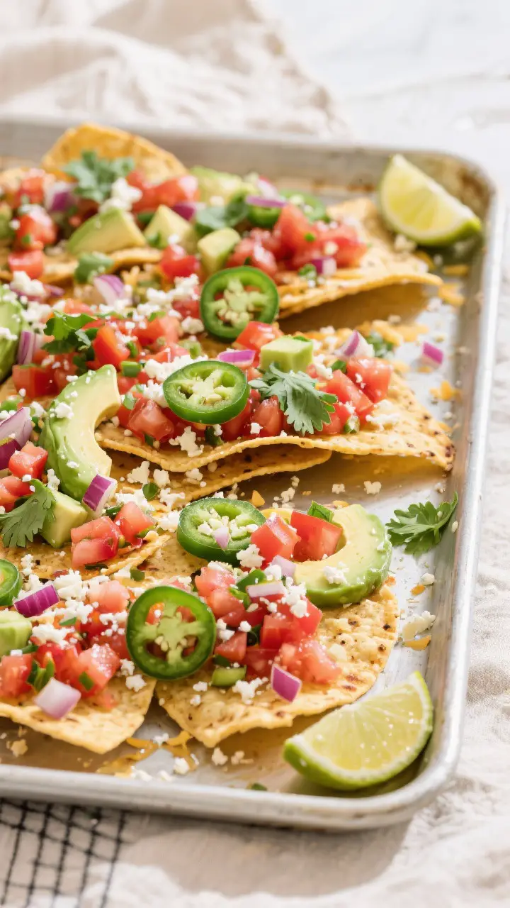 Final presentation, top-down “serve-now” scene: the finished sheet pan loaded nachos garnished a