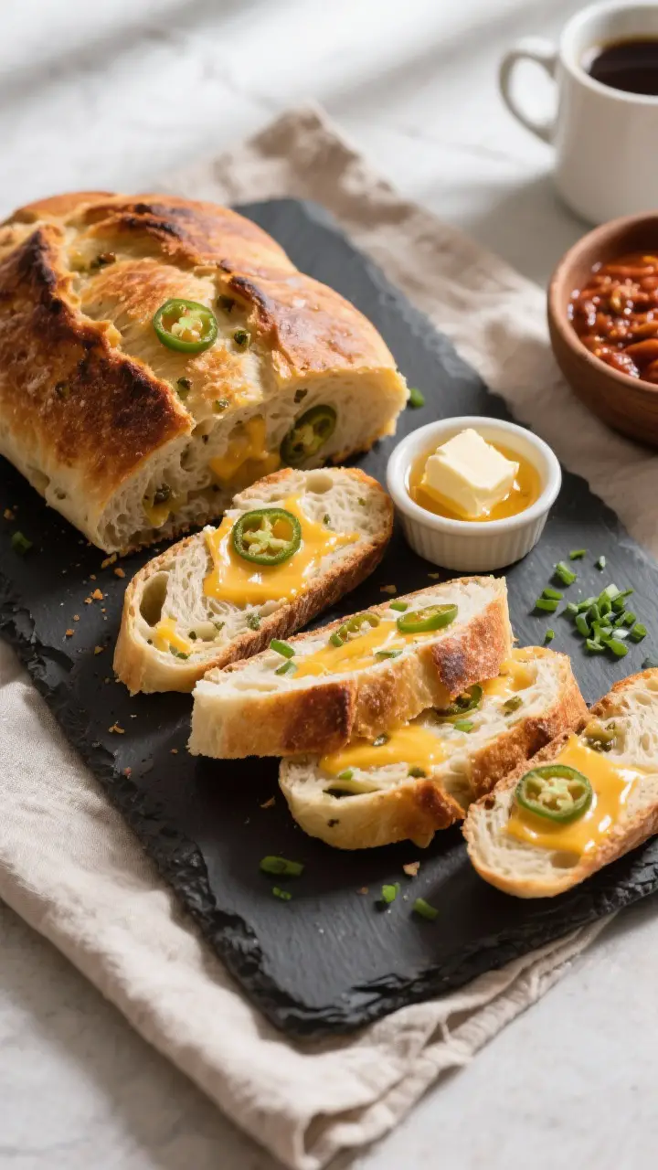 Final presentation top-down: Tasty top view of the finished jalapeño cheddar sourdough sliced and a