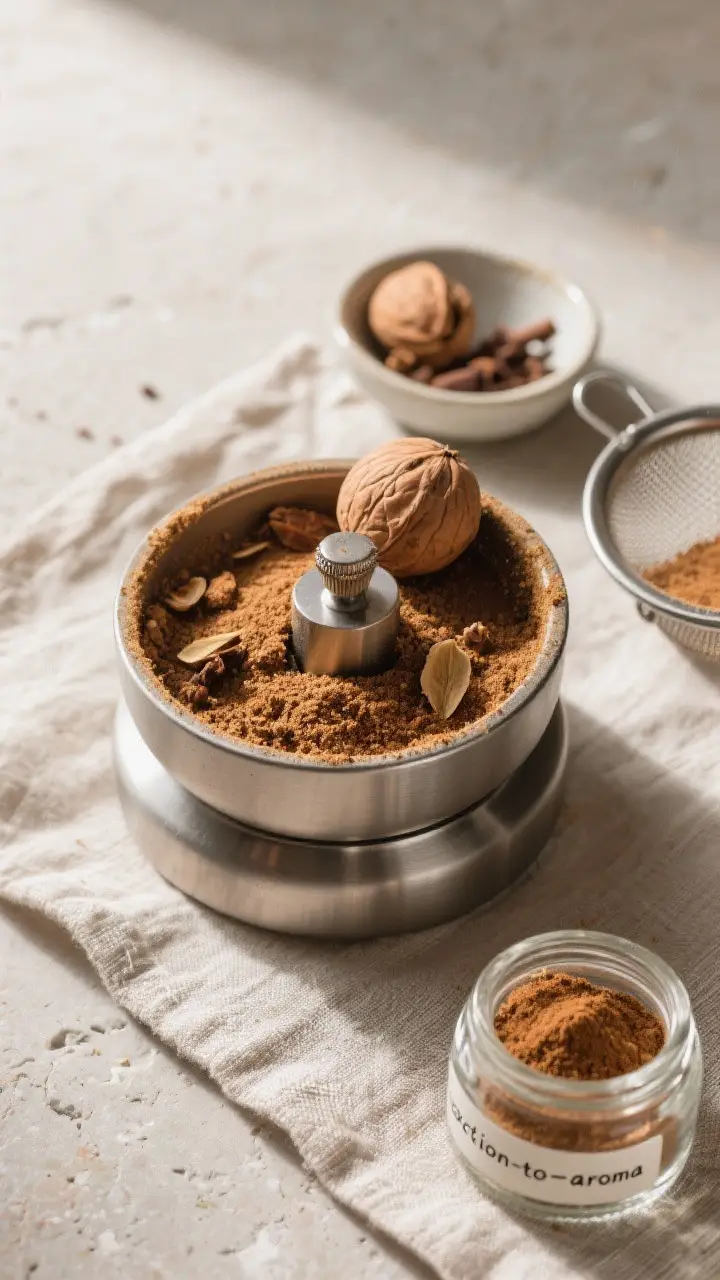 Overhead “action-to-aroma” shot: of a small-batch garam masala in a spice grinder just after gri