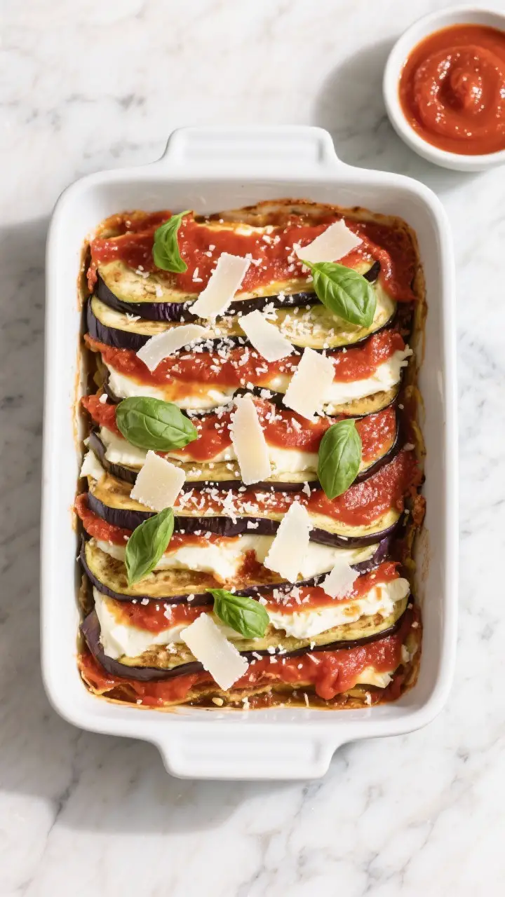 Overhead assembly shot: of a 9x13-inch baking dish mid-assembly for Eggplant Parmigiana—neat layer