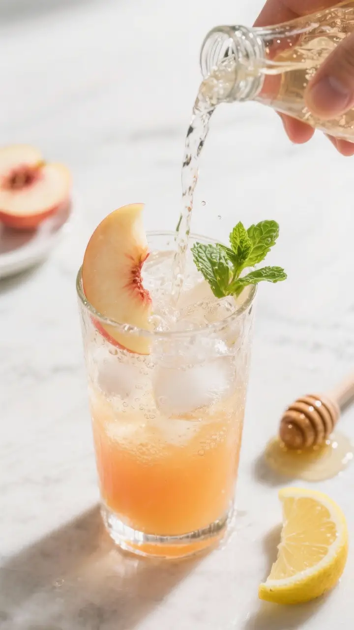 Overhead “build the drink” shot: an ice-filled highball glass with 2–3 tablespoons of the chil
