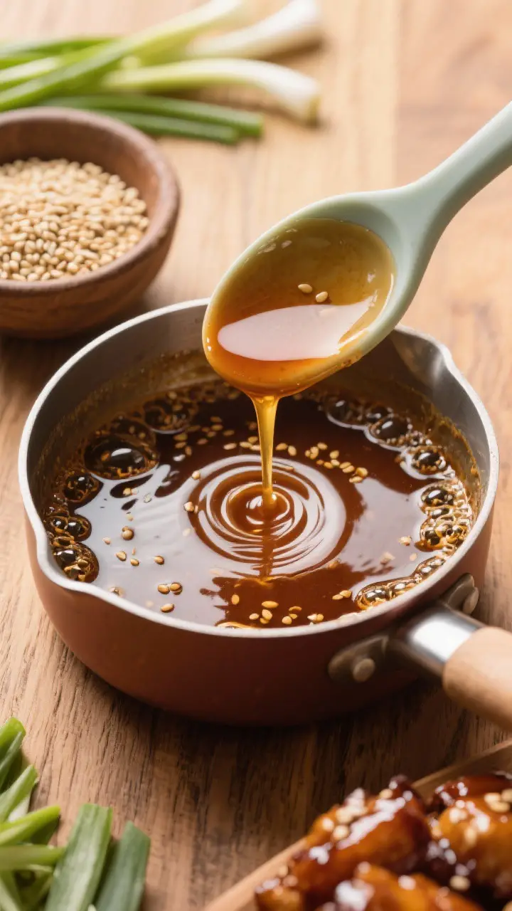 Overhead cooking process: Top-down shot of the sauce finishing in a small saucepan—glossy, gently